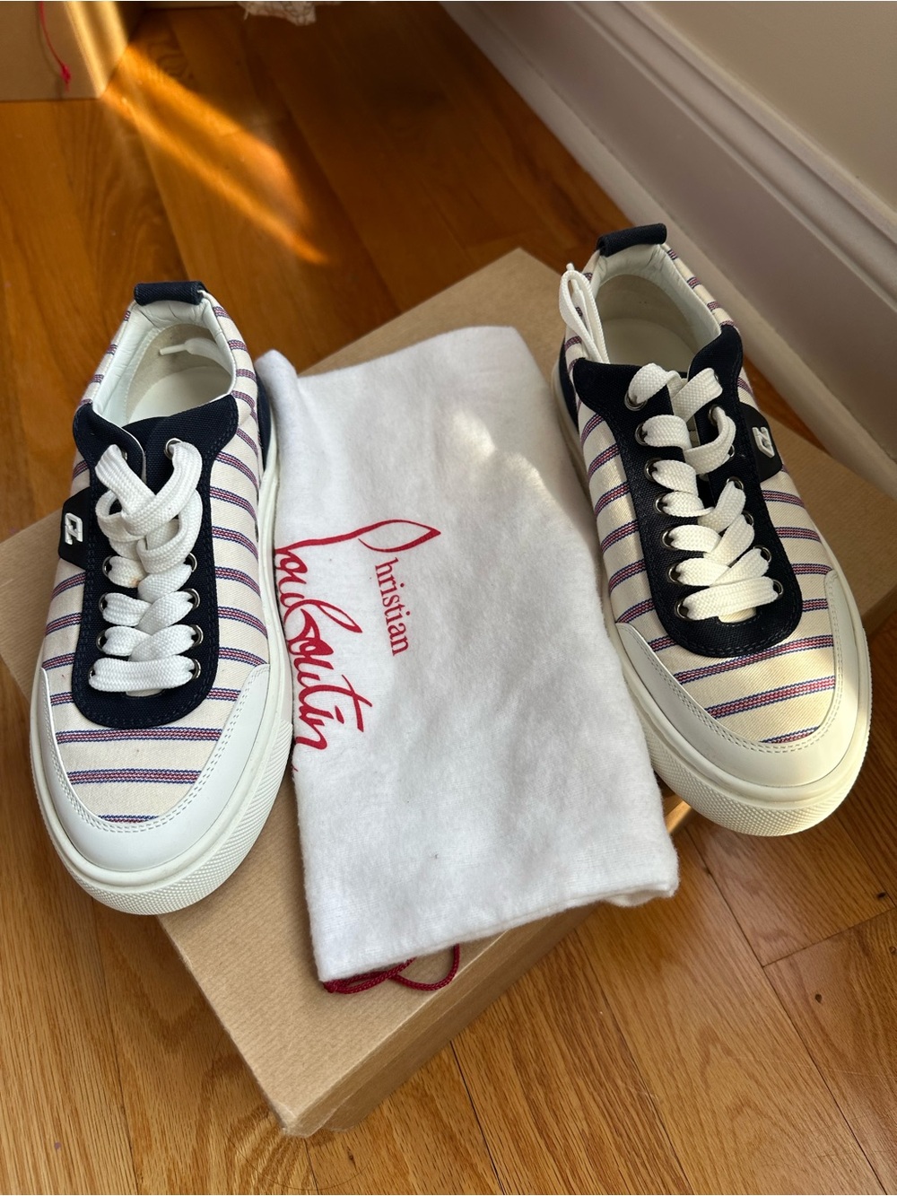 Christian Louboutin Navy, White & Pink Striped Low-Top Sneakers